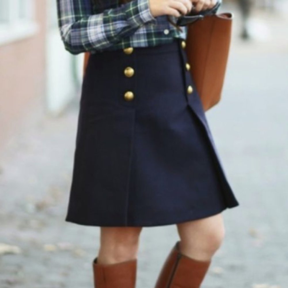 J Crew Navy Wool Sailor skirt with Gold Buttons